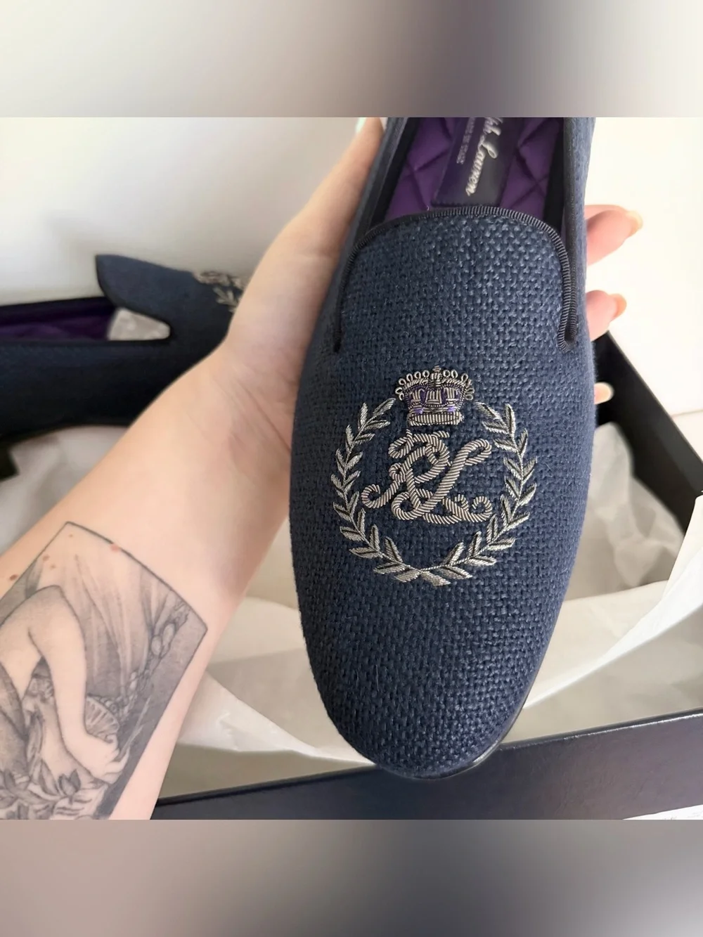 Ralph Lauren Purple Label Alonzo Bullion Crest Linen Slipper in Navy NWT NIB